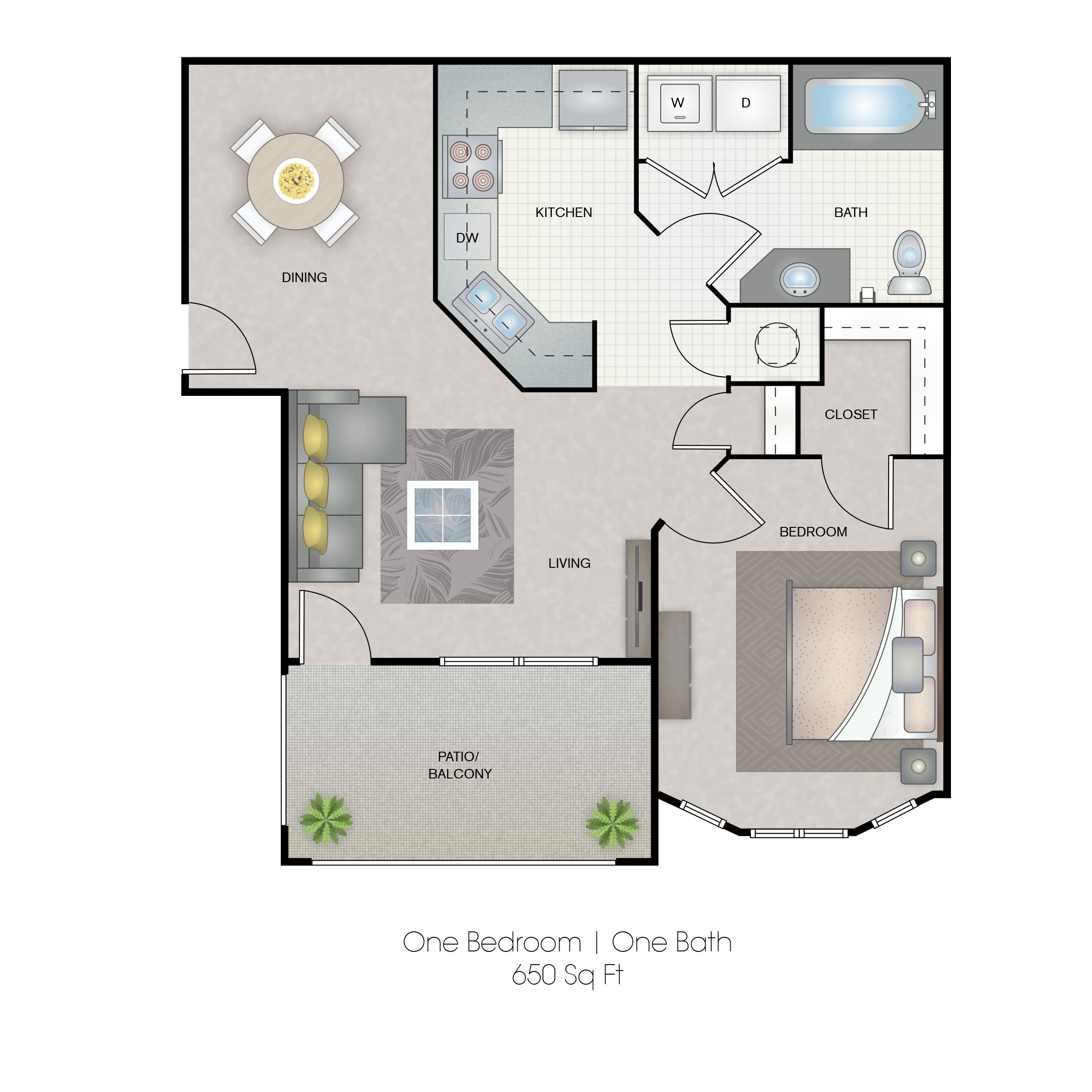 Floor plan for 1 bed, 1 bath, 650 sqft